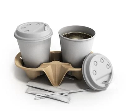 Cups of coffee on a cardboard base 3d illustration on white イラスト素材