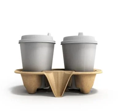 Cups of coffee on a cardboard base 3d render on white イラスト素材