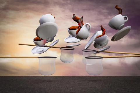 Cups of coffee with coffee falling from sky and the nets try to catch them at Stock Illustration