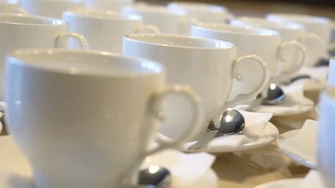 Cups for coffee in a restaurant, several angles shooting Stock Footage 107077726