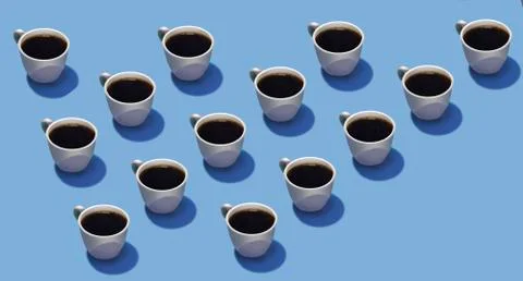 Cups of coffee in rows on a blue background are seen in this illustration. . Stock Illustration