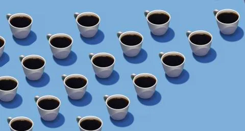 Cups of coffee in rows on a blue background are seen in this illustration. . Stock Illustration