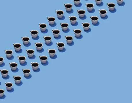 Cups of coffee in rows on a blue background are seen in this illustration. . Stock Illustration