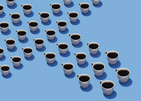 Cups of coffee in rows on a blue background are seen in this illustration. . Stock Illustration