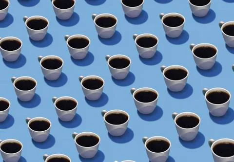 Cups of coffee in rows on a blue background are seen in this illustration. . Stock Illustration