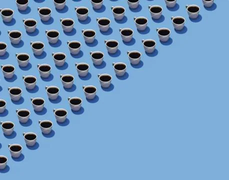Cups of coffee in rows on a blue background are seen in this illustration. . Stock Illustration