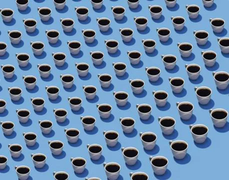 Cups of coffee in rows on a blue background are seen in this illustration. . Stock Illustration