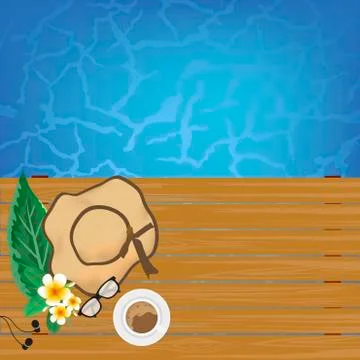 Cups of coffee on the table near the pool with copy space background. 스톡 일러스트