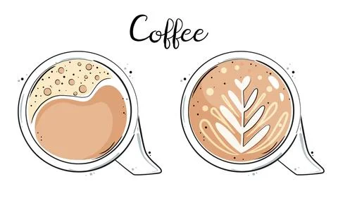 Cups of coffee top view. Hot beverage drink. Vector illustration. Stock Illustration
