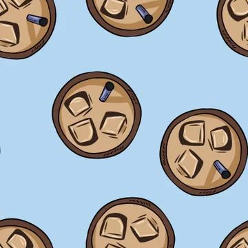 Cups of cold drink coffee. Hand drawn cute cartoon seamless pattern. Texture Stock Illustration