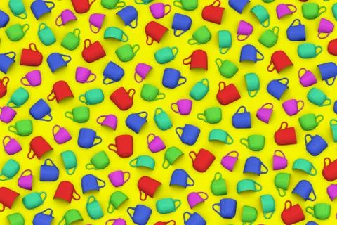 Cups different color on yellow background 3D illustration Stock Illustration