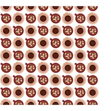 Cups with hot drinks, top view. Seamless pattern. Stock Illustration