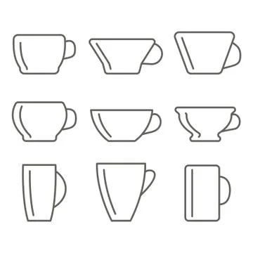 Cups linear icons. Set of differently shaped cups. Dishes for tea and coffee. Stock Illustration