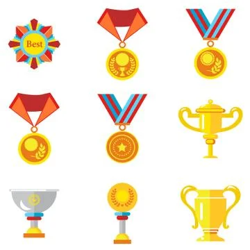 Cups, medals, awards. Vector icons in a flat style on a white background Stock Illustration