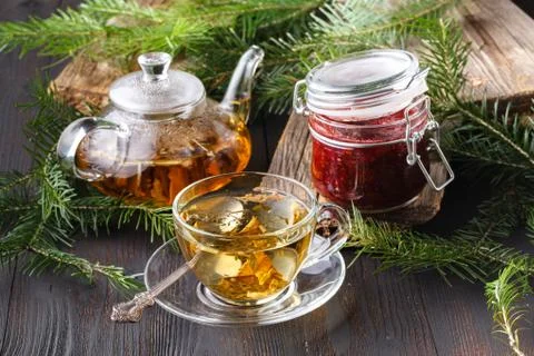 Cups of mint tea on table Stock Photos