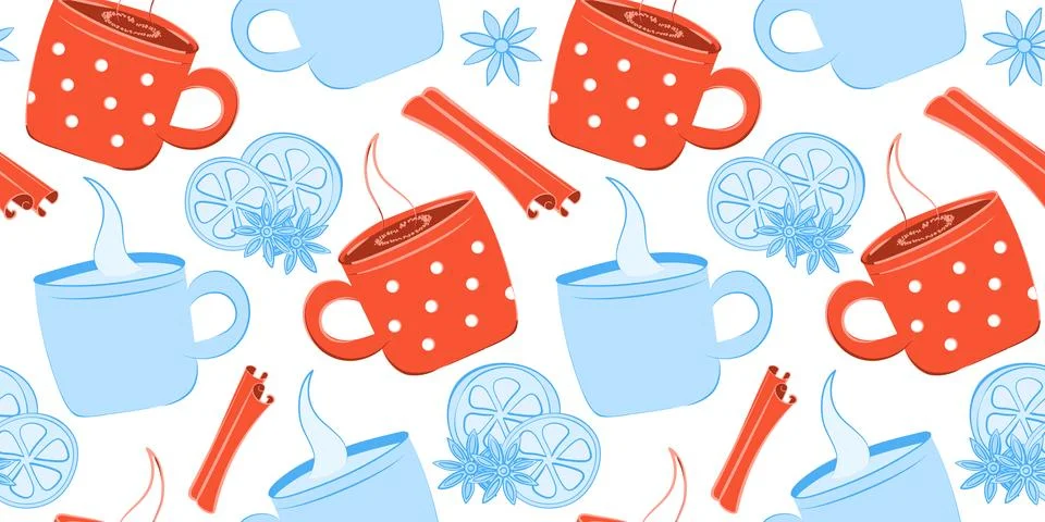 Cups pattern, cinnamon and orange. Two-tone - blue and red. Hot drink, star Stock Illustration