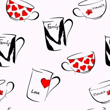 Cups seamless pattern. Mugs with various prints and inscriptions. Stock-Illustration