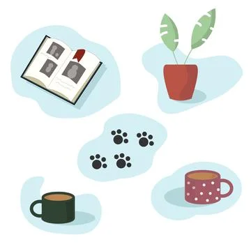Cups set with book and kitty paws Stock Illustration