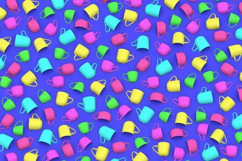 Cups with shadows in different colors shapes on blue 3D illustration Stockillustratie