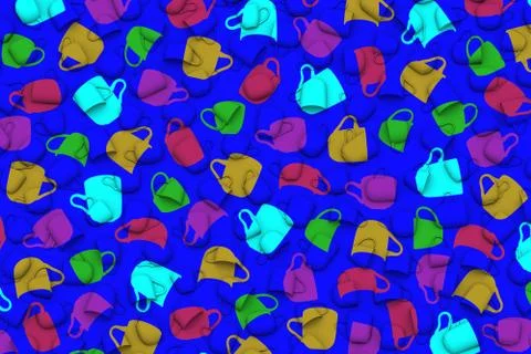 Cups with shadows in different colors shapes on blue. 3D illustration Stock Illustration