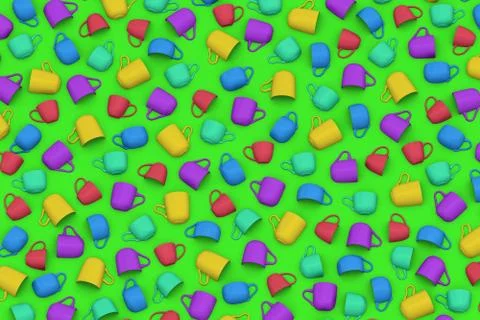 Cups with shadows in different colors shapes on green. 3D illustration Stock Illustration