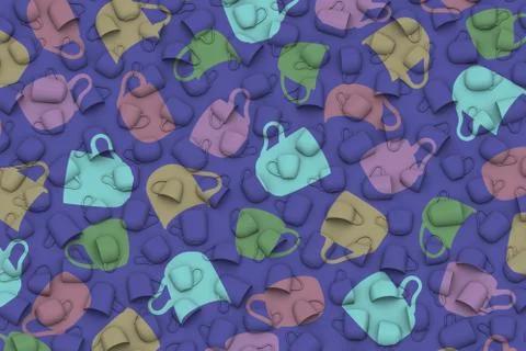 Cups with shadows in different colors shapes on purple. 3D illustration Stockillustratie