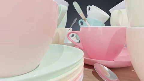 Cups spoons plates are on the table Stock Footage 202315608