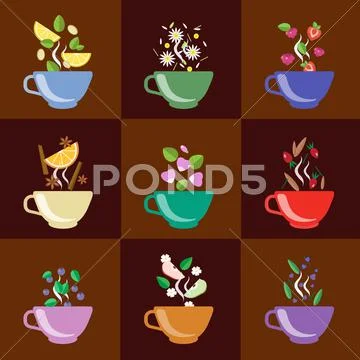 Cups With Tea Set Berries, Lemon, Mint, Vanilla and More Stock Illustration