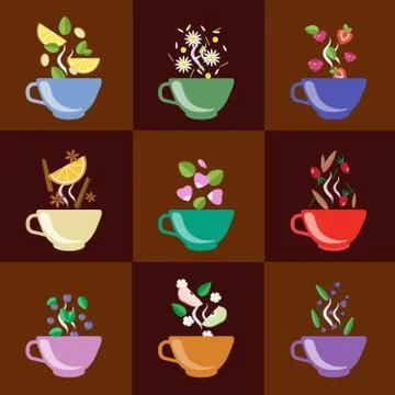 Cups With Tea Set Berries, Lemon, Mint, Vanilla and More Stock Illustration