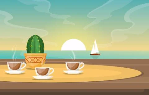Cups of Tea on Table in Sea View Sunset Sailing Boat Illustration Stock Illustration