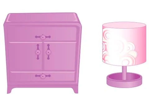 Curbstone and table lamp. Elegant furniture in rich pink colors isolated on w Stock Illustration