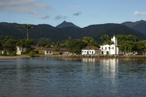 Curch Igreja de Nossa Senhora das Dores in Paraty in rainy day with clouds, s Stock Photos