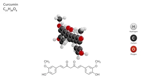 Curcumin. E100 food additive. 3D model. C21H20O6.  White background. 3D render 스톡 동영상 292392575