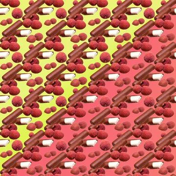 Curd cheese in chocolate glaze with lychee fruit, sweet dessert. side view on Stock Illustration