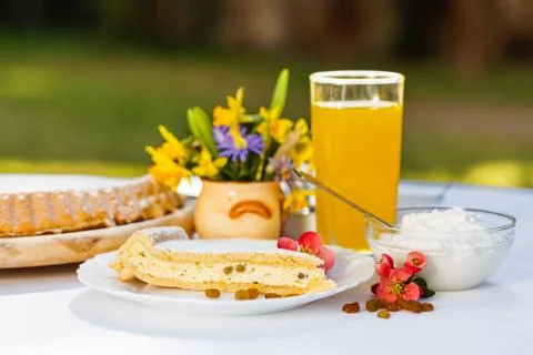 Curd cheese pie slice breakfast Stock Photos