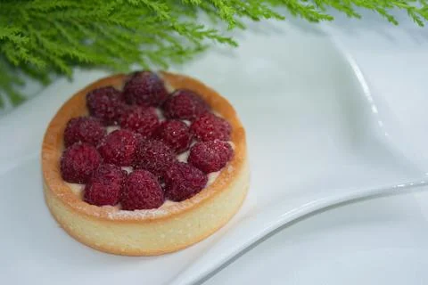 Curd dessert decorated with raspberry on the white plate Foto stock