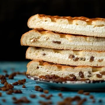 Curd pie, Stack of cut pieces on plate. Homemade pie with cottage cheese and Stock Photos