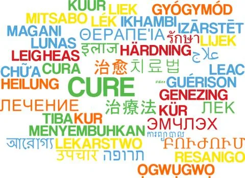 Cure multilanguage wordcloud background concept Stock-Illustration