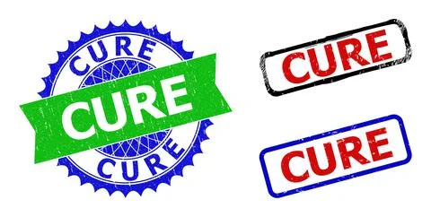CURE Rosette and Rectangle Bicolor Watermarks with Corroded Textures Stock Illustration