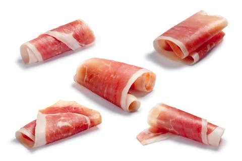 Cured meat ham jamon slice rolled up, paths Stock Photos