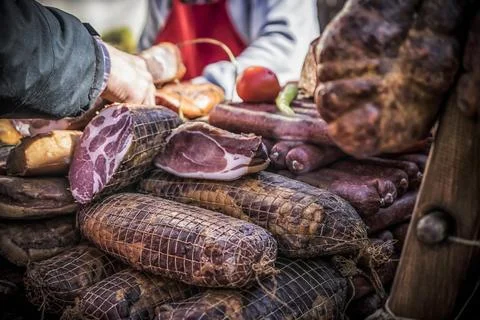 Cured meat on the stall Stock Photos