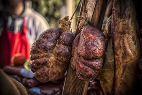Cured meat on the stall Stock Photos