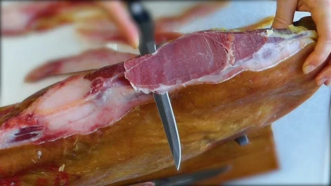 Cured Red Meat Slow Motion Cut Stock Footage 108982632