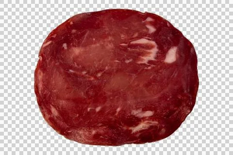 Cured salami slice texture, marbled fat pattern, gourmet deli meat 스톡 사진