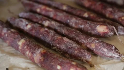 Cured sausage with mold Stock Footage 146650041