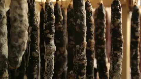 Cured sausage with mold Stock Footage 146650337