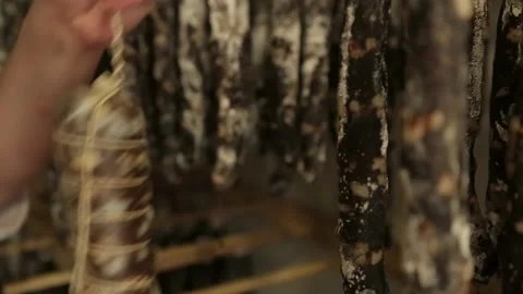 Cured sausage with mold Stock Footage 146651323