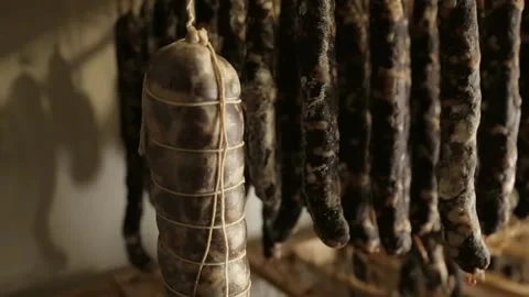 Cured sausage with mold Stock Footage 146651374