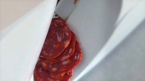 Cured Sausage Sliced By Machine Stock Footage 108783694