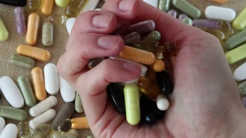 Curing diseases with pills and supplements. Lots of colorful pills in a woman's Video stock 233501703